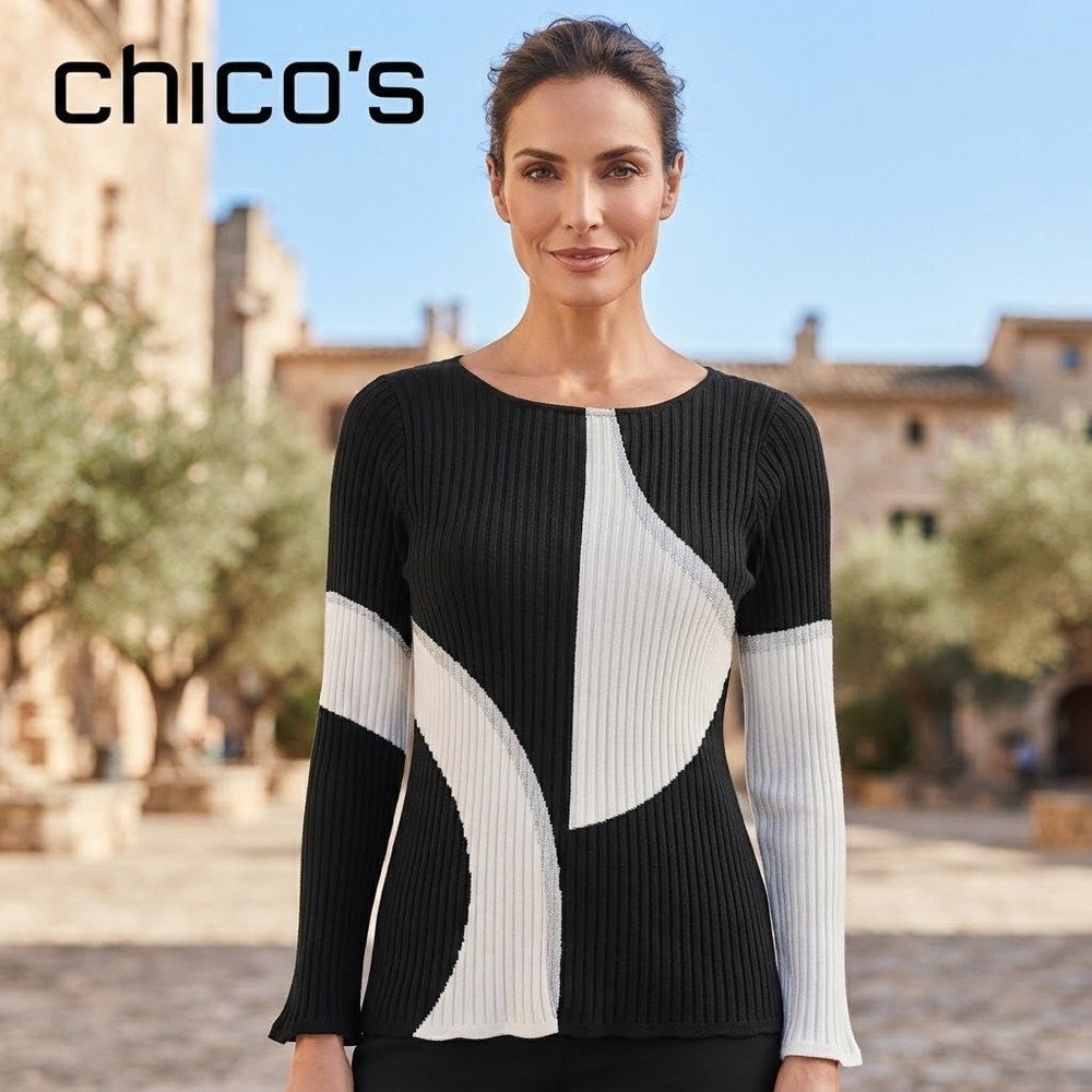 Chico's Black White Geometric Ribbed Knit Sweater Silver Metallic Accents Size 1